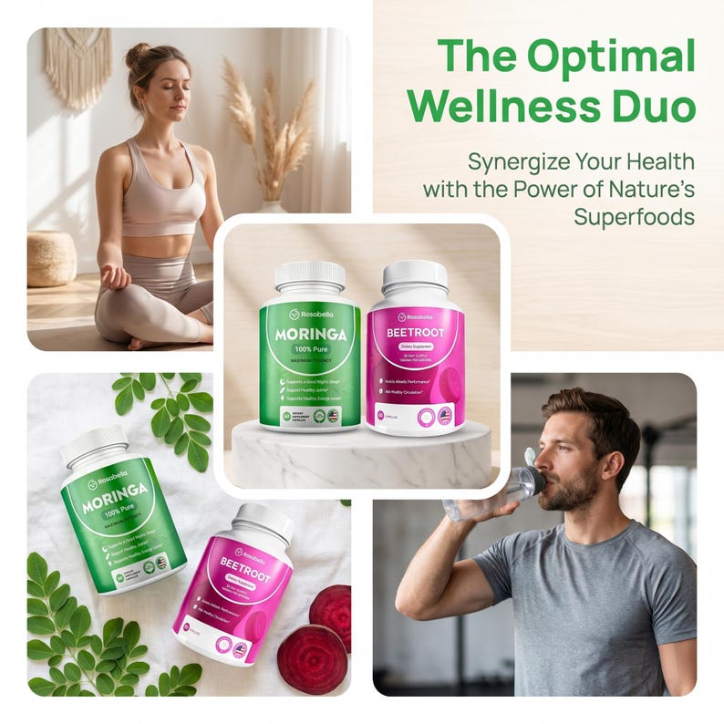 May include: An advertisement for wellness products. The image features a woman meditating, a man drinking water, and two bottles of supplements labeled "Moringa" and "Beetroot." The text reads "The Optimal Wellness Duo" and "Synergize Your Health with the Power of Nature's Superfoods."