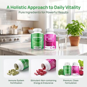 May include: Two bottles of Rosobella supplements, Moringa and Beetroot, are displayed on a countertop with a glass of water and a potted plant. The image includes the text "A Holistic Approach to Daily Vitality."