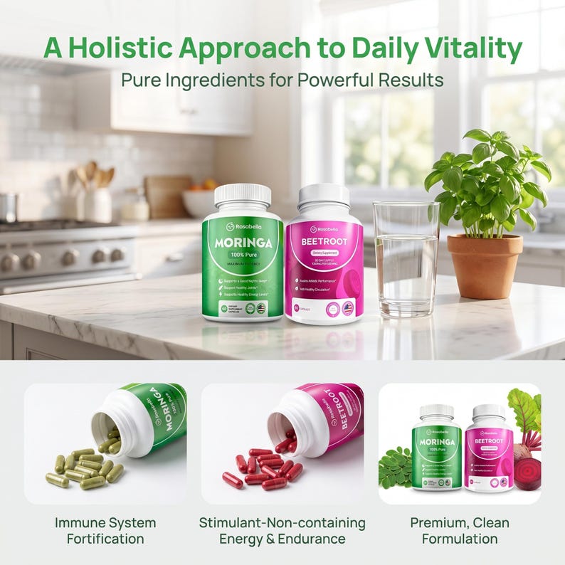 May include: Two bottles of Rosobella supplements, Moringa and Beetroot, are displayed on a countertop with a glass of water and a potted plant. The image includes the text "A Holistic Approach to Daily Vitality."