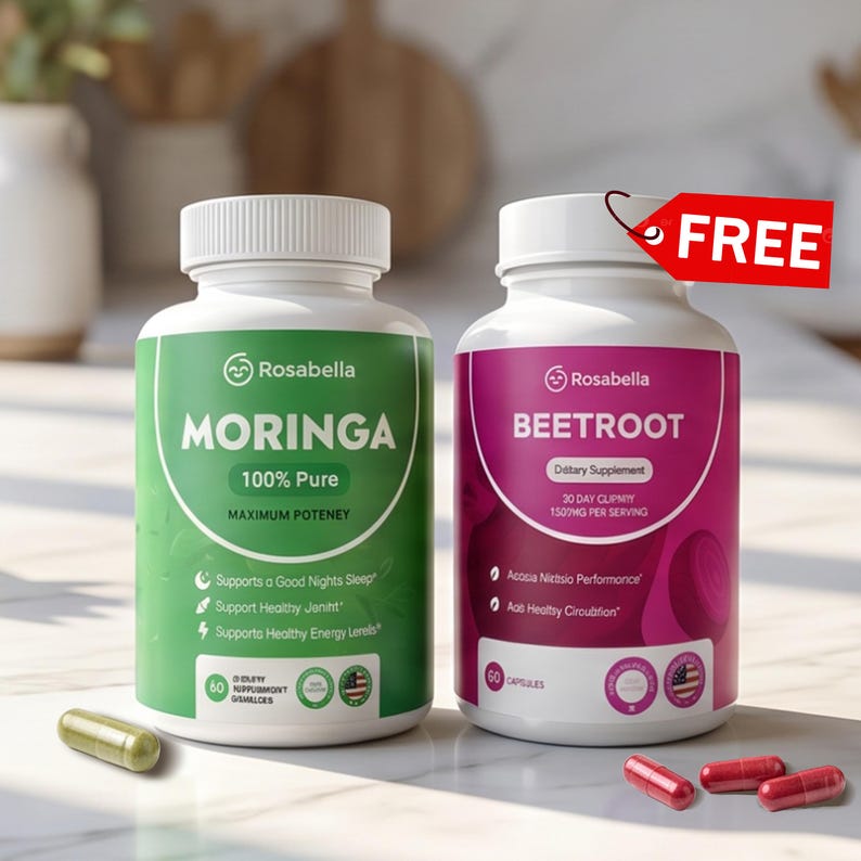 May include: Two white supplement bottles with green and purple labels. The green label reads "Moringa 100% Pure" and the purple label reads "Beetroot Dietary Supplement". A red tag with "FREE" is attached to the Beetroot bottle. Several capsules are scattered around the bottles.