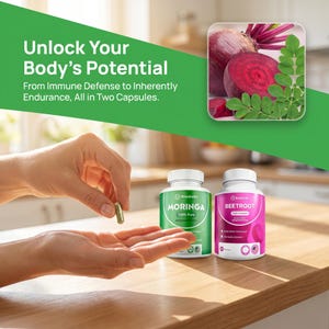 May include: Two Rosobella supplement bottles, one green "Moringa" and one pink "Beetroot", sit on a wooden surface. The text "Unlock Your Body's Potential" is at the top. A hand holds a capsule above the other hand.