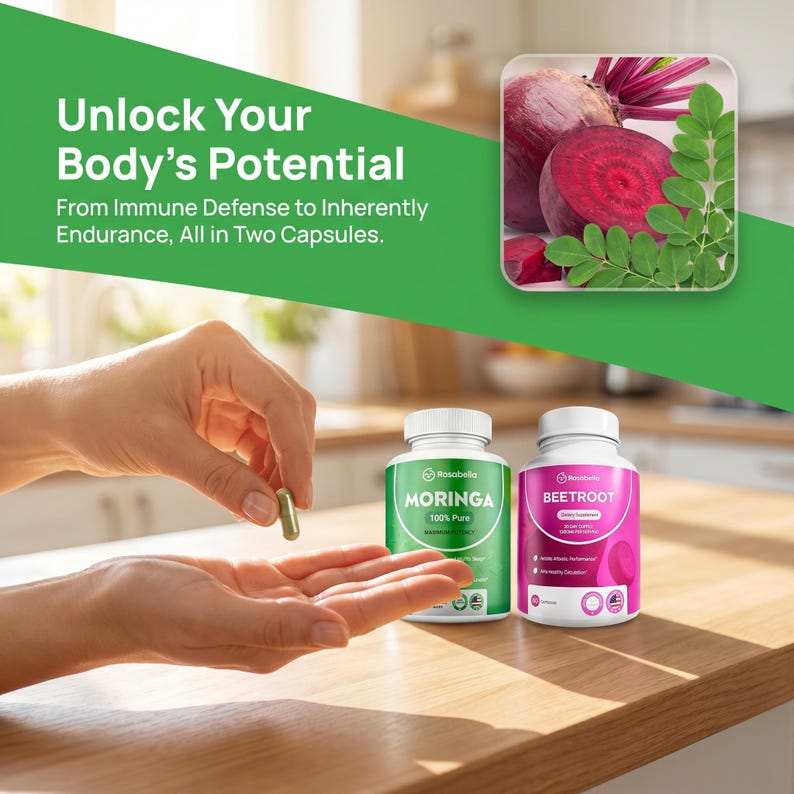 May include: Two Rosobella supplement bottles, one green "Moringa" and one pink "Beetroot", sit on a wooden surface. The text "Unlock Your Body's Potential" is at the top. A hand holds a capsule above the other hand.