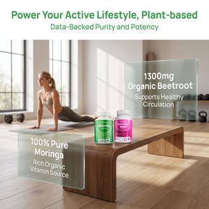 May include: Image of two supplement bottles on a wooden table with text overlays. One bottle is green and labeled "Moringa", the other is pink and labeled "Beetroot". Text reads "Power Your Active Lifestyle, Plant-based" and "100% Pure Moringa".