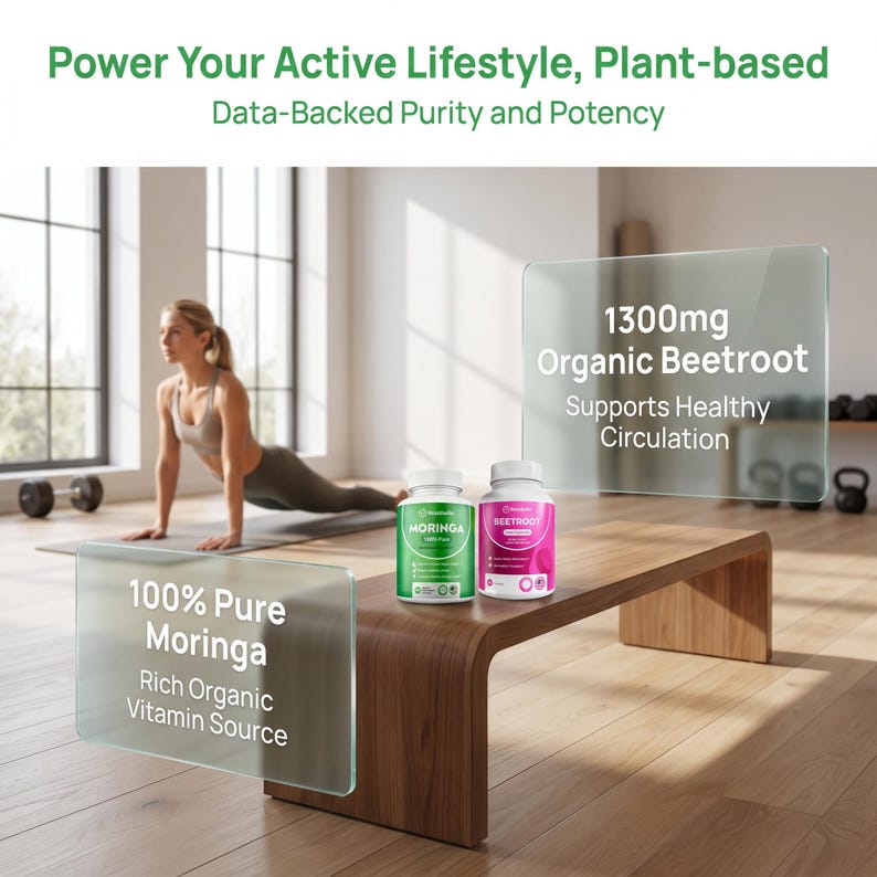 May include: Image of two supplement bottles on a wooden table with text overlays. One bottle is green and labeled "Moringa", the other is pink and labeled "Beetroot". Text reads "Power Your Active Lifestyle, Plant-based" and "100% Pure Moringa".