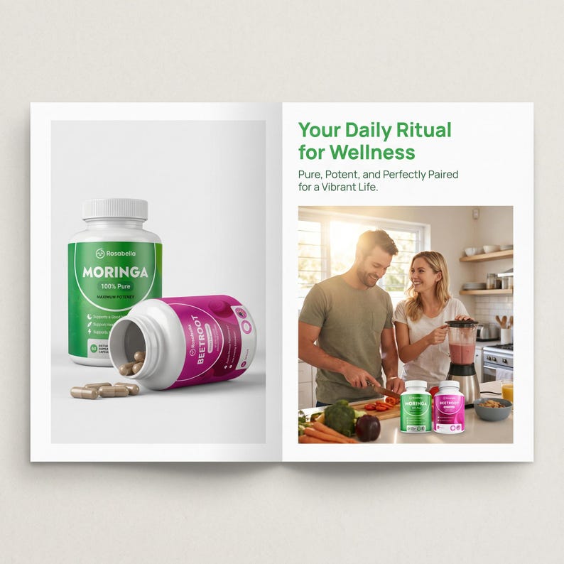 May include: An open magazine spread featuring two Rosabello supplement bottles, one Moringa and one Beetroot. The Moringa bottle is green and white, and the Beetroot bottle is pink and white. The text "Your Daily Ritual for Wellness" is displayed.