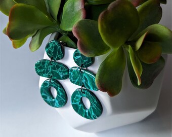 Clay Earrings - Emerald Green - Large Triple Dangle - Modern - Organic Boho Shape - Titanium Posts - Lightweight - Hypoallergenic