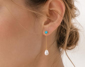 Türkis Perle Tropfen Ohrringe, vergoldetes Sterling Silber, Küsten baumeln Schmuck