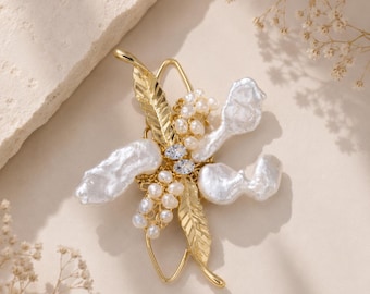 Barock Perle Blumen Brosche, Gold Sterling Silber Blatt Pin, Französisch Romantische Hochzeit Schmuck