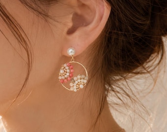 Handgefertigte Boho Perlen Creolen, Edelstein Blumen Gruppe, vergoldetes Messing, roter Achat Aventurin