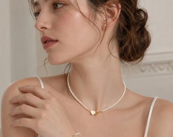 Conjunto romântico de colar e pulseira de pérolas – Joias com fecho de coração
