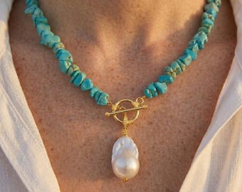 Barock Perle Türkis Choker, Cabrio Statement Halskette, vergoldet, Sommer Strand Schmuck