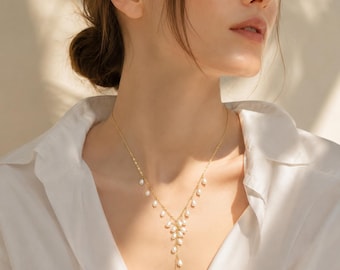 Gold Pearl Necklace and Earrings Set, Dainty Freshwater Pearl Cluster Jewelry, Bridal Wedding Jewelry,Y Necklace, Gift for Her