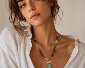 Boho Türkis & Perlen Halsketten-Set | Holzperle Organic Stein Schmuck Geschenk für Naturliebhaber