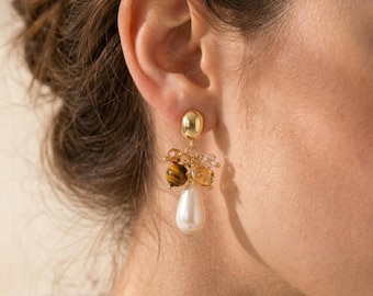 Tigerauge Perlentropfen Ohrringe, Französisch Retro Messing Schmuck