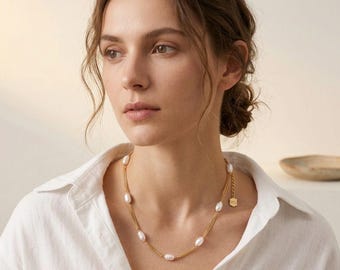 Handgemachte Barock Perle Station Halskette, vergoldete Messingkette, Minimalist Alltags Schmuck