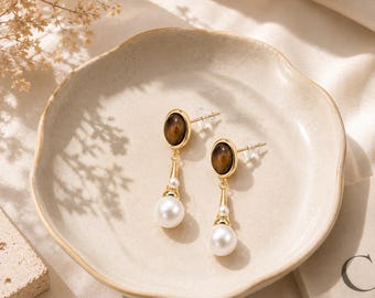 Tigerauge Perle Ohrringe, vergoldete Messing baumeln Schmuck
