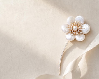 18K Gold Plated Barock Perle Blumen Brosche, Statement Strass Pin