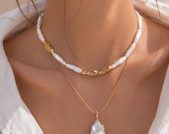 Mehrreihiges Barock Perlen Collier Set: Süßwasser Stick Perlen, Gold oder Silber Kette