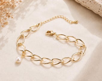 Vergoldetes Gliederkettenarmband mit Perlenanhänger, geometrischer Stil, einstellbare Länge