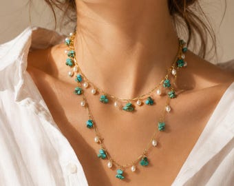 Lange Türkis Amethyst Perle Layering Halskette, vergoldetes Messing Boho Statement Kette