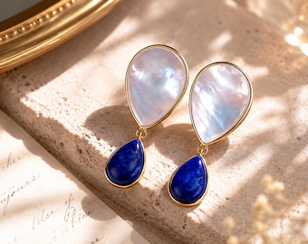 Natürliche Lapislazuli Perlmutttropfen Ohrringe, vergoldetes Sterling Silber