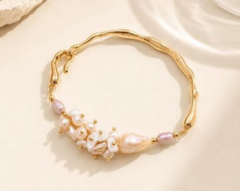 Barock Perlen Armreif, Bio Süßwasser Perlen, Vergoldetes Messing, Handgemachter Schmuck