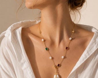 Barock Perle Anhänger Halskette, Bunte Glasperlen, Gold Sommer Schmuck, Handgemachte Süsswasser Perle