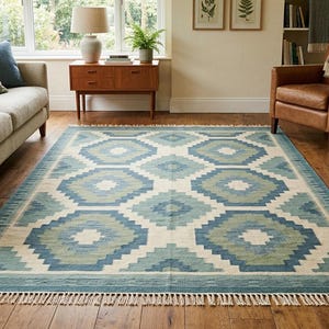 Cream Sage Wool Kilim Rug – Handwoven Aztec Diamond Tribal Floor Decor
