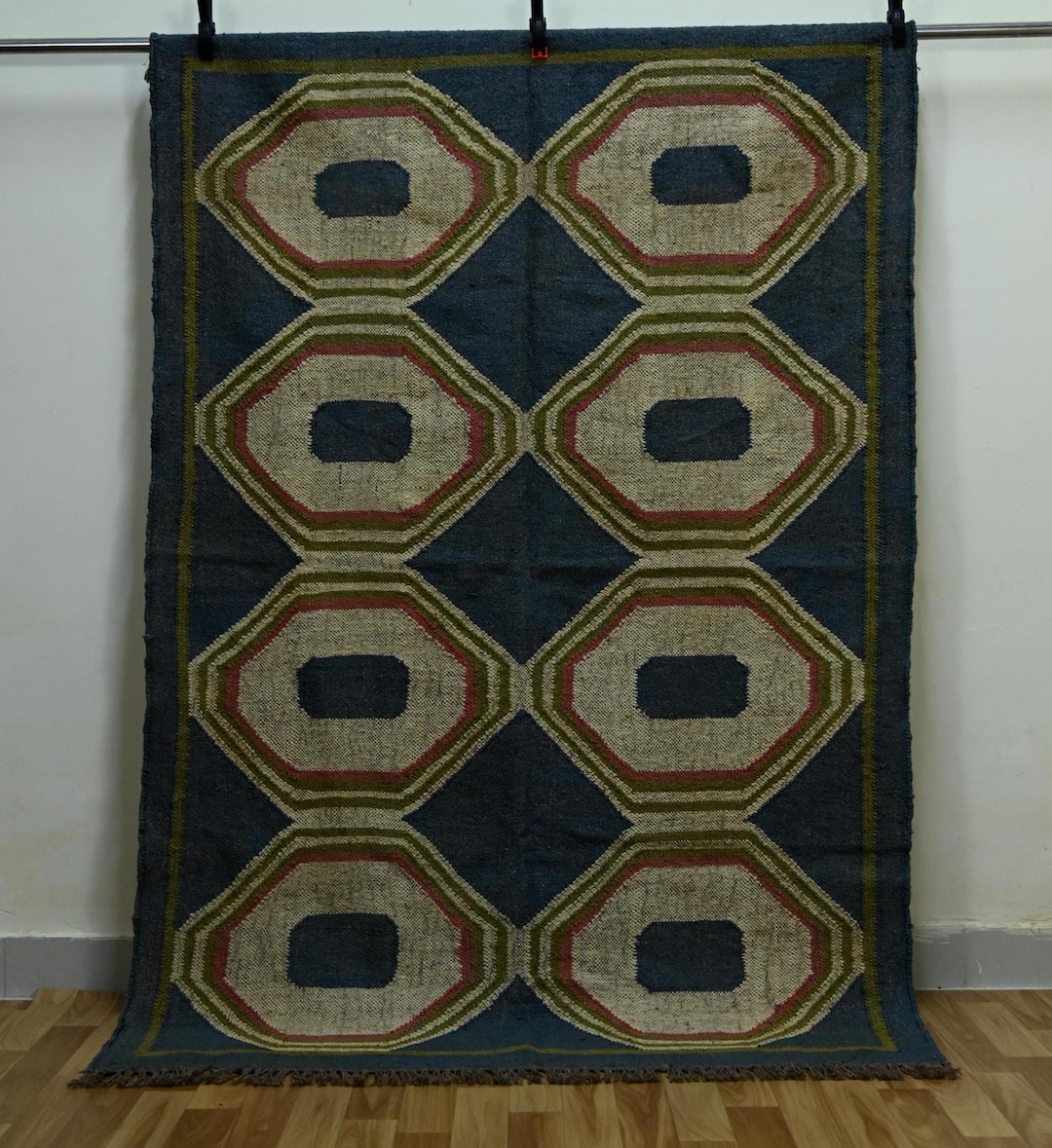 Handwoven Charcoal Blue Cotton Rug: Geometric Medallion Flatweave ...