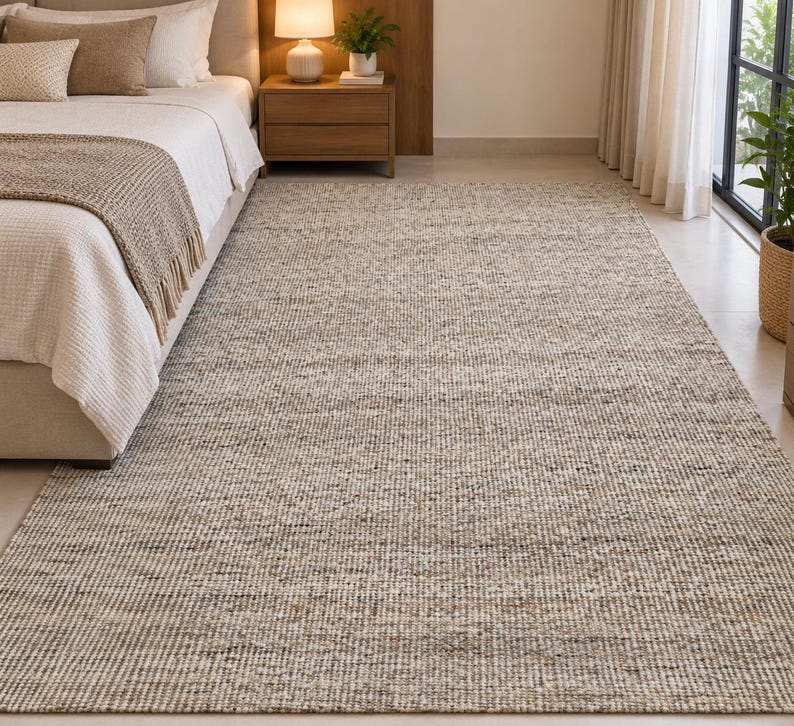 Handwoven Jute Wool Rug, 100% newzealand wool‚ Natural Boho Dhurrie Rug, Rustic Farmhouse Area Rug, Handmade Carpet, Neutral Wool Jute Rug image 5