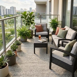 May include: A balcony furniture set featuring a dark brown wicker sofa, two matching armchairs, and a rectangular coffee table with light gray cushions and accent pillows in terracotta and sage green, arranged on a textured gray area rug.