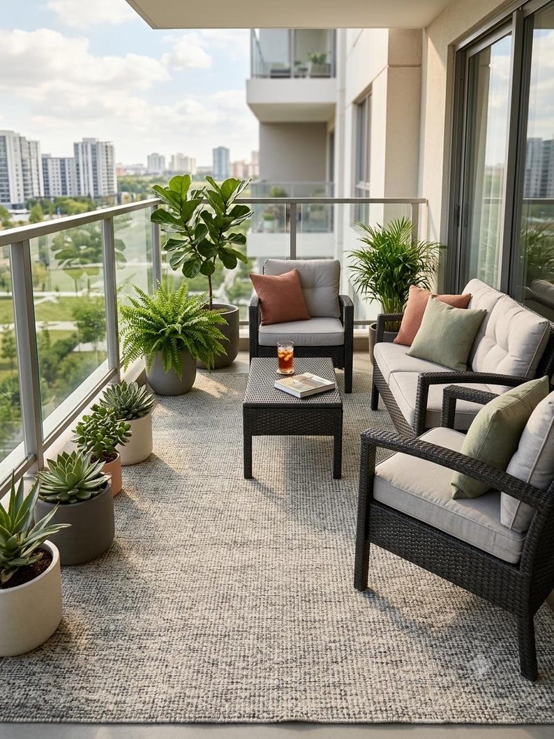 May include: A balcony furniture set featuring a dark brown wicker sofa, two matching armchairs, and a rectangular coffee table with light gray cushions and accent pillows in terracotta and sage green, arranged on a textured gray area rug.