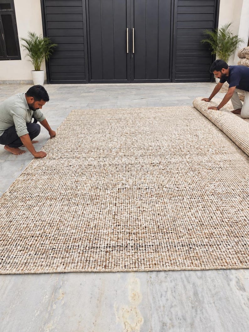Handwoven Jute Wool Rug, 100% newzealand wool‚ Natural Boho Dhurrie Rug, Rustic Farmhouse Area Rug, Handmade Carpet, Neutral Wool Jute Rug image 3