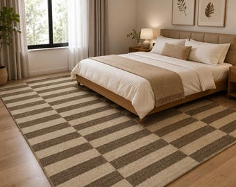 Handmade Wool Dhurrie Rug, Striped Flat Weave Beige Brown Carpet