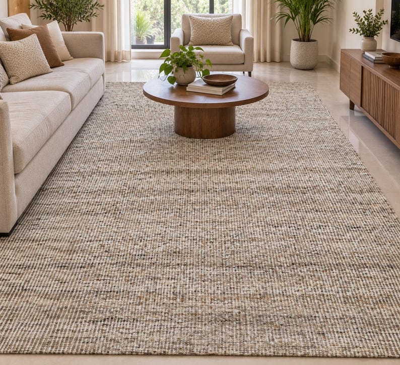 Handwoven Jute Wool Rug, 100% newzealand wool‚ Natural Boho Dhurrie Rug, Rustic Farmhouse Area Rug, Handmade Carpet, Neutral Wool Jute Rug image 15