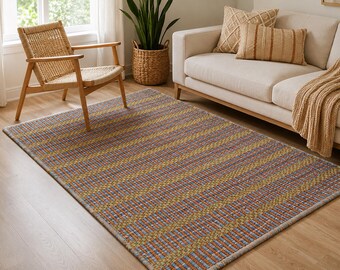 Handwoven Wool Dhurrie Rug, Blue Brown Striped Area Rug, Rustic Boho Carpet, Home Decor