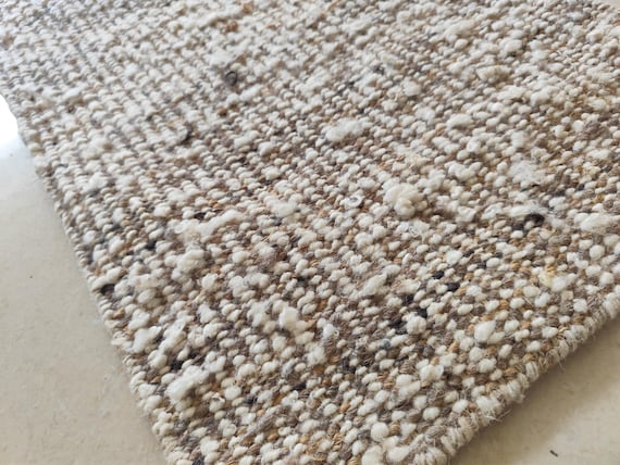 Handwoven Jute Wool Rug, Natural Boho Dhurrie Rug, Rustic Farmhouse Area Rug, Handmade Woven Carpet, Neutral Wool Jute Rug