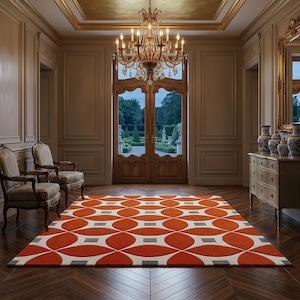 Roestoranje geometrisch vloerkleed handgetuft wol | Tapijt met Ogee-roosterpatroon ivoorgrijs | Aangepast formaat groot vloerkleed | Halverwege de eeuw woonkamer
