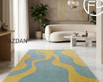 Tappeto Boho in lana trapuntata a mano / Onda astratta verde acqua turchese giallo senape / Grande tappeto rettangolare