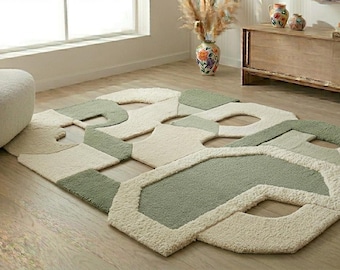 Irregular Cutout Rug Hand Tufted Wool | Sage Green Abstract Mosaic Area Rug | Sculptural Patchwork Carpet | Custom Size | Scandi Boho Decor