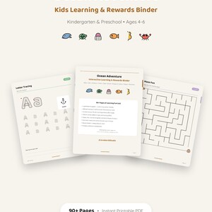 May include: An Ocean Adventure Kids Learning & Rewards Binder digital product featuring 90+ pages of printable PDF activities for ages 4-6. Includes letter tracing, maze fun, and interactive learning sheets with colorful ocean-themed icons.