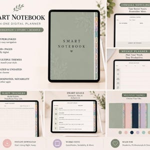May include: A digital smart notebook planner displayed on a tablet screen, featuring a sage green cover with leaf illustrations, hyperlinked tabs, and various internal page layouts including Cornell notes, weekly planners, habit trackers, and goal sheets.