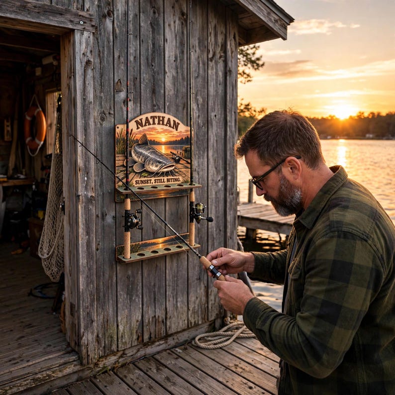 Custom Catfish Fishing Rod Holder, Personalized Sunset Catfish Wall ...