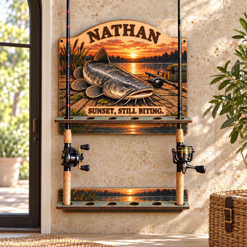 Custom Catfish Fishing Rod Holder, Personalized Sunset Catfish Wall ...