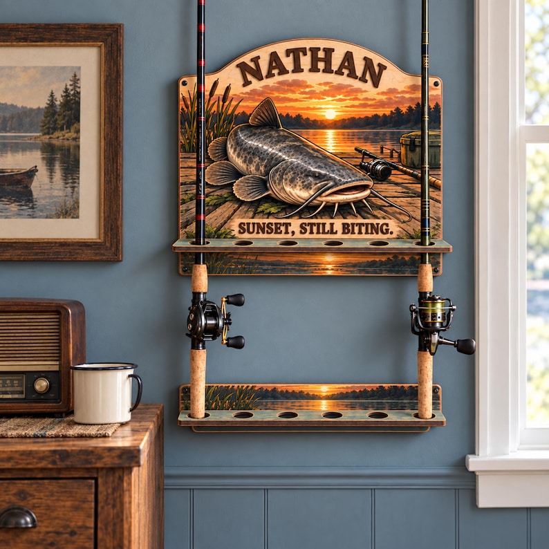 Custom Catfish Fishing Rod Holder, Personalized Sunset Catfish Wall ...