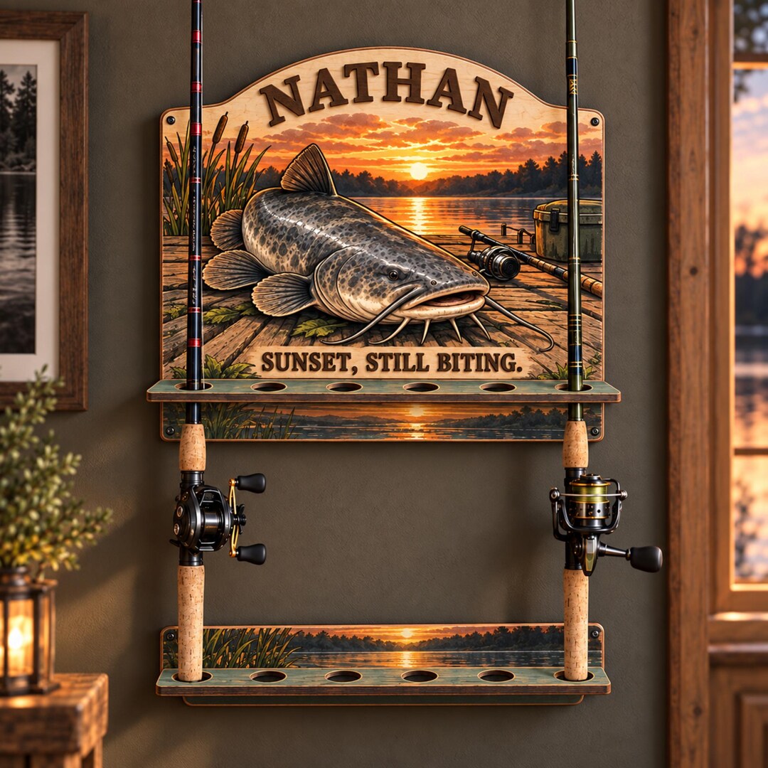 Custom Catfish Fishing Rod Holder, Personalized Sunset Catfish Wall ...