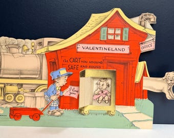 Vintage Mechanical Valentine Card – Valentineland Train Depot Pop-Up, Puppy Theme (Made in USA)