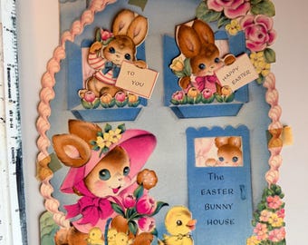 1950s Norcross Easter Bunny House Die Cut Card Interactive Rabbit Greeting Vintage Easter Ephemera