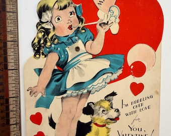 Vintage Mechanical Valentine Card: Girl Blowing Bubbles with Puppy, 1940s Ephemera