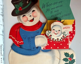 1940s Norcross Mechanical Snowman Christmas Card: Die Cut Holiday Greeting (1940s-1950s)
